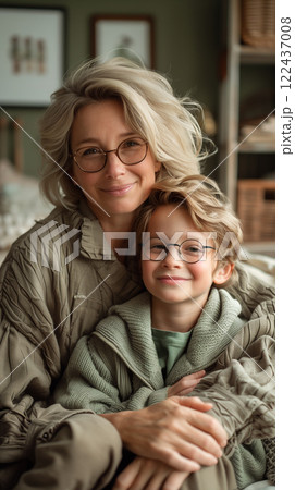 A woman and a boy are sitting on a couch, both smiling 122437008