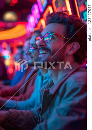 A man with glasses is smiling at a slot machine. Vacation concept 122437047