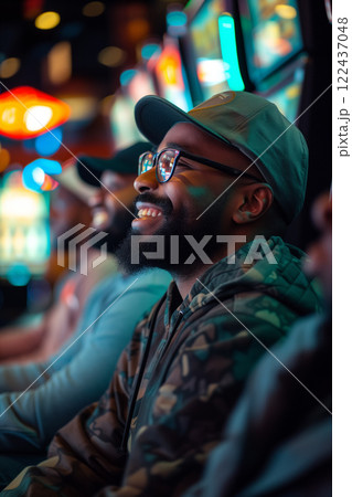 A man with a beard and glasses is smiling at the camera. Vacation concept 122437048