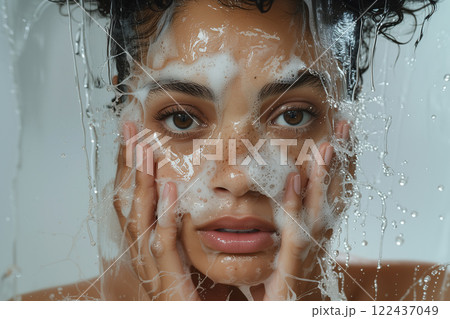 A woman is washing her face in a shower with water splashing all over her 122437049