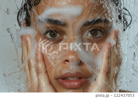 A woman is standing in a shower with water splashing all over her face 122437053