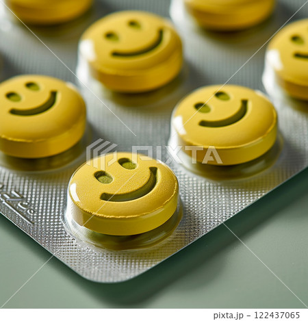 A group of yellow pills with smiling faces on them. happy concept 122437065