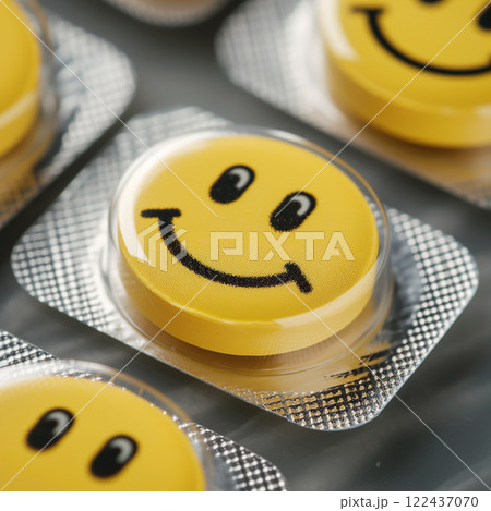 A yellow pill with a smiling face on it. happy concept 122437070