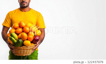 Man in Bright Shirt Holding a Basket Full of Fresh Citrus Fruits 122437876