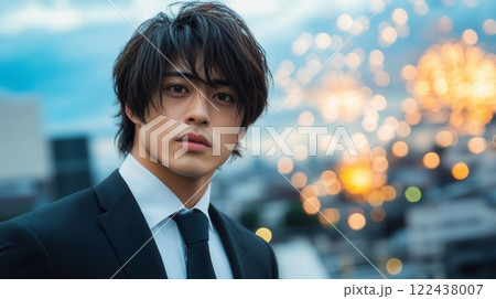 Young Male in Suit with Soft Focus Fireworks in Background at Dusk 122438007