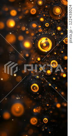 Abstract golden orbs glowing in a dark background with soft bokeh 122438024