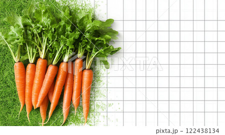 Fresh Orange Carrots with Green Leaves on White Grid Background Fresh Orange Carrots with Green Leaves on White Grid Background 122438134