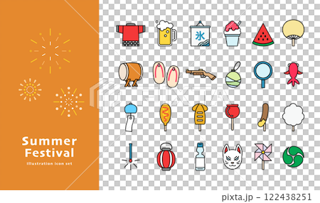 夏祭りのアイテムイラスト　セット　バリエーション　アイコン　線画　シンプル　ベクター　飾り　カラフル 122438251
