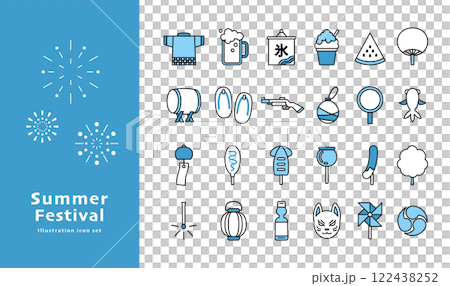 夏祭りのアイテムイラスト　セット　バリエーション　アイコン　線画　シンプル　ベクター　飾り　青　水色 122438252