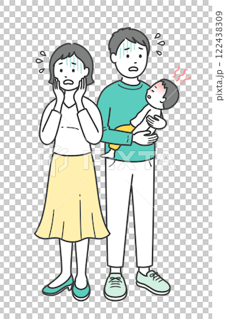 急な発熱をした子供を抱いて焦る若い父親と母親 122438309