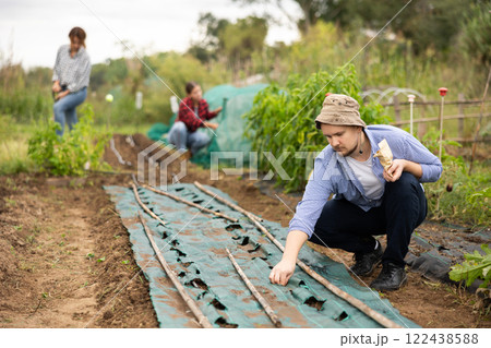 Man is planting seeds in plastic bed 122438588