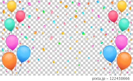 Balloons and confetti Event frame White background Transparent 16:9 122438666