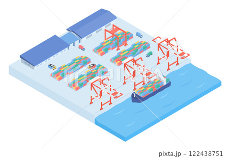 港のコンテナターミナルのアイソメトリックイラスト 122438751
