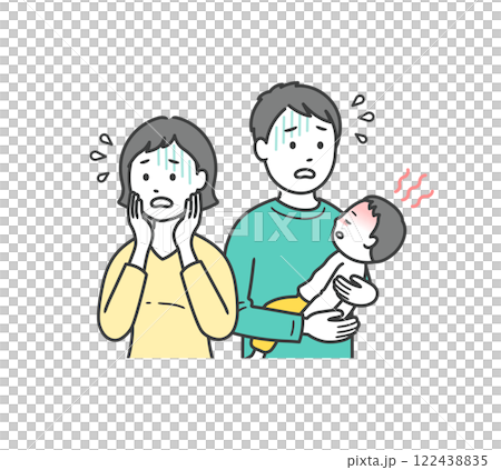 A young father is anxious as he holds his child who has suddenly developed a fever, and his mother is in a panic. 122438835