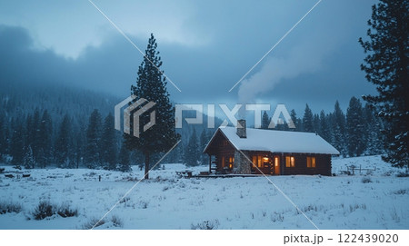 winter landscape with wooden house 122439020