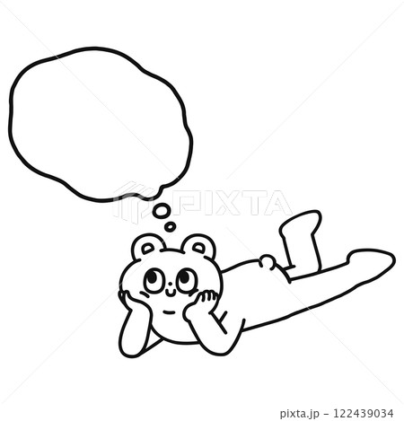 頬杖をついて寝転ぶゆかいなクマと吹き出し　線画 122439034