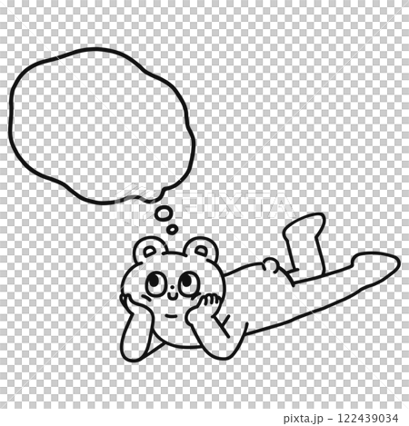 頬杖をついて寝転ぶゆかいなクマと吹き出し　線画 122439034