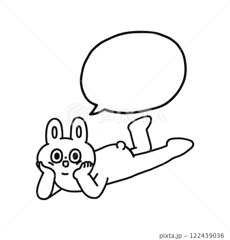 頬杖をついて寝転ぶゆかいなウサギと吹き出し 線画 頬杖をついて寝転ぶゆかいなウサギと吹き出し 線画 122439036