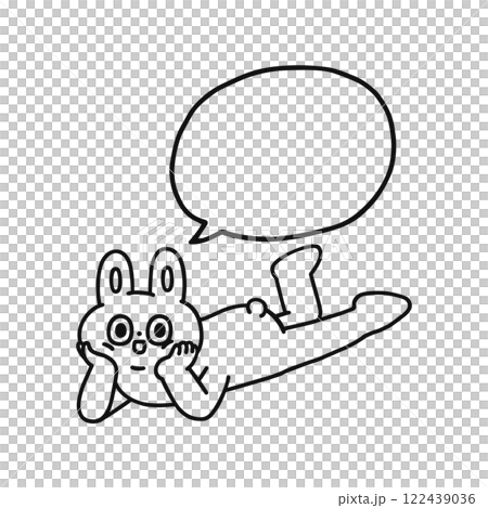 頬杖をついて寝転ぶゆかいなウサギと吹き出し 線画 頬杖をついて寝転ぶゆかいなウサギと吹き出し 線画 122439036