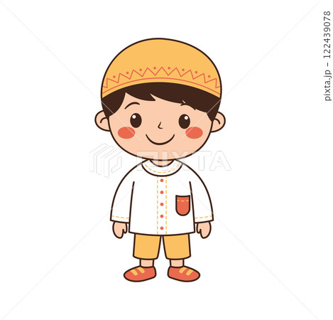 Happy Cute Muslim Kid Boy Cartoon Character Wearing Islamic Traditional Clothes Happy Cute Muslim Kid Boy Cartoon Character Wearing Islamic Traditional Clothes 122439078