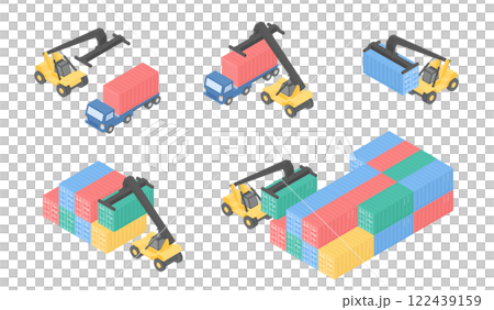 Illustration set of reach stacker transporting containers 122439159