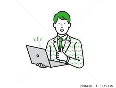 グッドサインをするパソコンを持ったビジネスマン 122439330