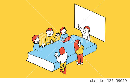 大きい本のテーブルで打ち合わせするビジネスチーム　チームミーティングのイメージイラスト 122439639