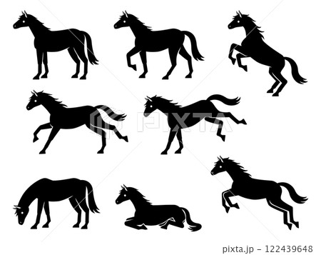 馬のシルエットイラストセット(立つ・歩く・走る・ジャンプ・蹴る・草を食べる・座る) 馬のシルエットイラストセット(立つ・歩く・走る・ジャンプ・蹴る・草を食べる・座る) 122439648