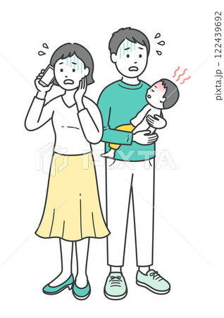 急な発熱をした子供を抱いて焦る若い父親と医療機関に電話する母親 急な発熱をした子供を抱いて焦る若い父親と医療機関に電話する母親 122439692