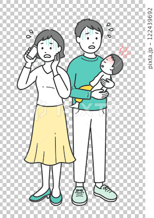 急な発熱をした子供を抱いて焦る若い父親と医療機関に電話する母親 急な発熱をした子供を抱いて焦る若い父親と医療機関に電話する母親 122439692