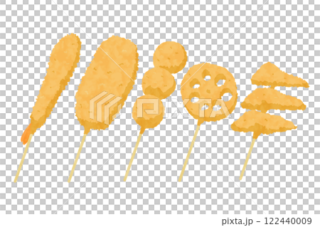 Vector illustration of a set of five kushikatsu skewers Vector illustration of a set of five kushikatsu skewers 122440009