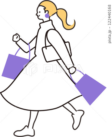 イラスト素材:シンプルでかわいい、バッグや紙袋を持ち笑顔で買い物を楽しむ人_全身_横顔_左向き_セー 122440168