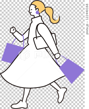插圖素材：簡單可愛，拿著袋子或紙袋，面帶微笑享受購物的人_全身_側面輪廓_面向左側_銷售 122440168