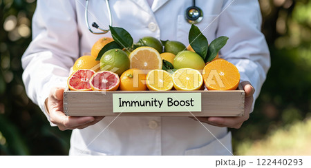 Fresh Citrus Fruits Displayed by Health Professional for Immune System Support and Nutritious Diet in Natural Environment 122440293