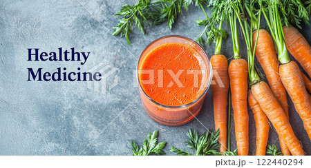 Fresh Carrot Juice with Organic Carrots on Rustic Surface for Healthy Living and Natural Remedies 122440294