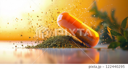 Bright orange capsule spilling green powder on wooden surface with blurred natural backdrop and soft light in a vibrant and energetic setting 122440295
