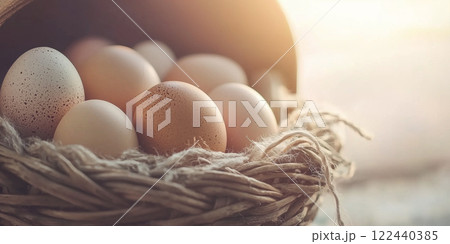 Fresh Organic Eggs in a Rustic Basket Surrounded by Soft Natural Light with a Warm Background, Perfect for Farm or Kitchen Themes 122440385