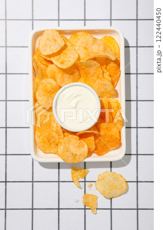 Potato chips in a bowl with sauces on a light background 122440450