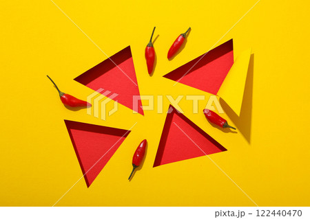 Chili pepper with red triangles on a yellow background Chili pepper with red triangles on a yellow background 122440470