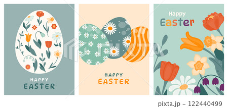 Set of Easter greeting cards. Backgrounds with painted Easter eggs and spring flowers. Vector illustration in a flat style. Set of Easter greeting cards. Backgrounds with painted Easter eggs and spring flowers. Vector illustration in a flat style. 122440499