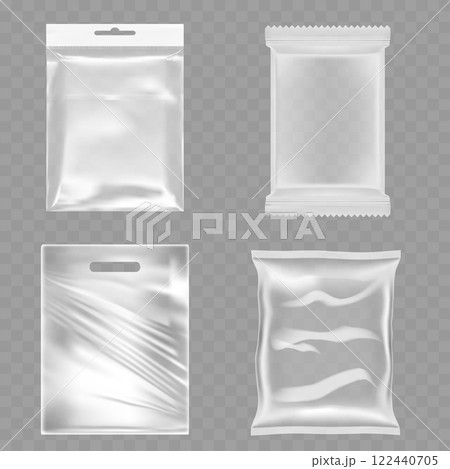 Realistic Transparent Plastic Packaging Bags Mockup Set on Transparent Background Vector Realistic Transparent Plastic Packaging Bags Mockup Set on Transparent Background Vector 122440705
