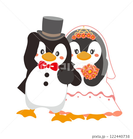ペンギンのカップルのウェディングイラスト 黒いシルクハット 122440738