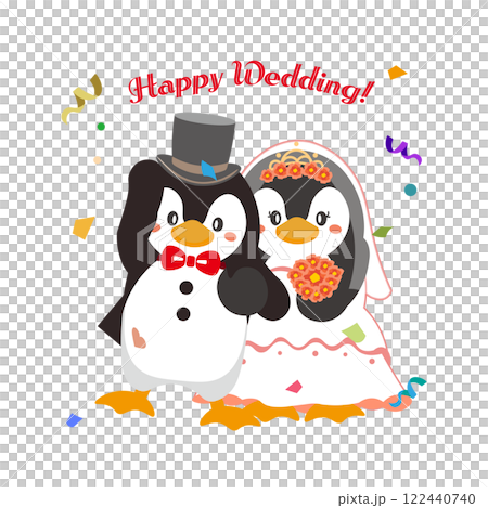 帶有文字和黑色高頂禮帽的企鵝夫婦婚禮插圖 122440740