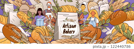 Artisan bakery concept with diverse bakers surrounded by various bread types wheat and leaves in a colorful setting. Ideal for website design or banners 122440786