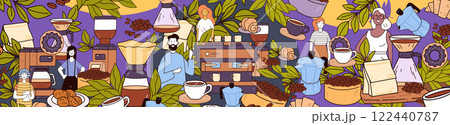 Coffee shop seamless pattern vibrant scene....のイラスト素材 [122440787] - PIXTA