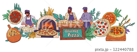 Gourmet pizza chefs preparing artisanal pizzas in a wood-fired oven setting surrounded by fresh ingredients and vibrant foliage. Ideal for website banner 122440788