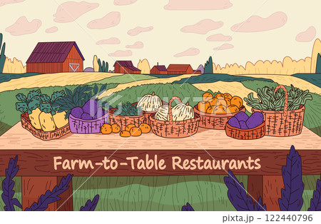 Farm-to-table concept fresh produce baskets rustic countryside setting colorful vegetables fruits scenic farmland background digital art Farm-to-table concept fresh produce baskets rustic countryside setting colorful vegetables fruits scenic farmland background digital art 122440796