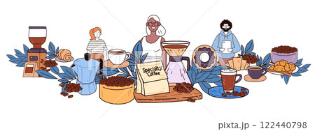 Coffee lovers specialty coffee scene with diverse people coffee beans brewing equipment pastries and leaves colorful modern design perfect for website banner Coffee lovers specialty coffee scene with diverse people coffee beans brewing equipment pastries and leaves colorful modern design perfect for website banner 122440798