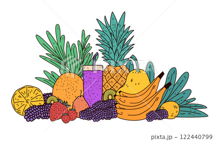 Fruits and juice tropical theme colorful arrangement with bananas pineapple berries and leaves vibrant design for food-related content 122440799