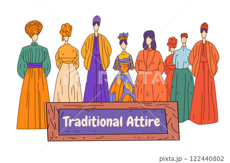 Traditional clothing diverse cultural outfits colorful attire illustration of people in varied garments and headwear standing together Traditional clothing diverse cultural outfits colorful attire illustration of people in varied garments and headwear standing together 122440802